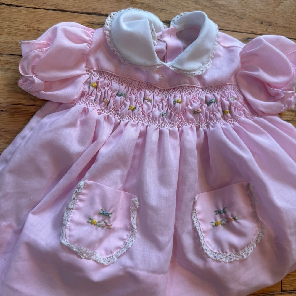Vintage Pink Smocked Baby Dress Floral Embroidery Lace Peter Pan Collar 12M